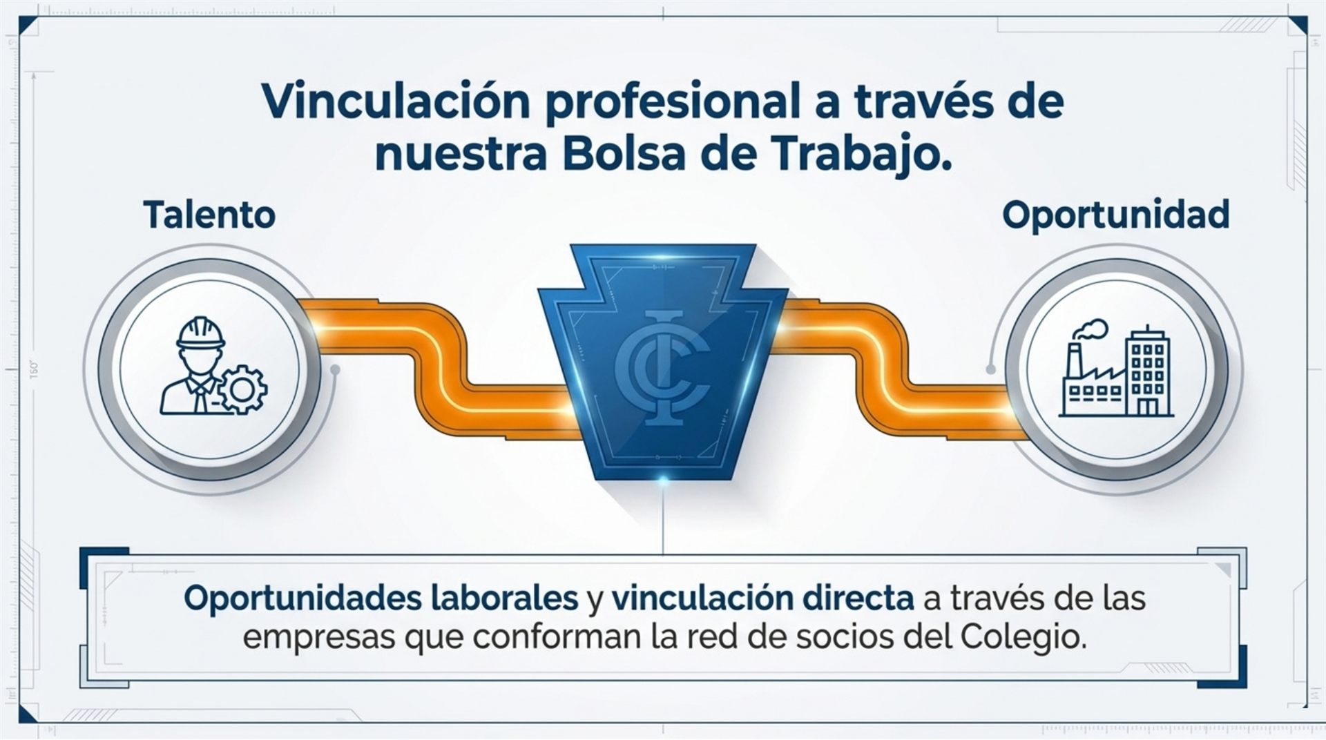 Vinculación profesional a través de nuestra Bolsa de Trabajo: oportunidades laborales y vinculación directa a través de las empresas que conforman la red de socios del Colegio.